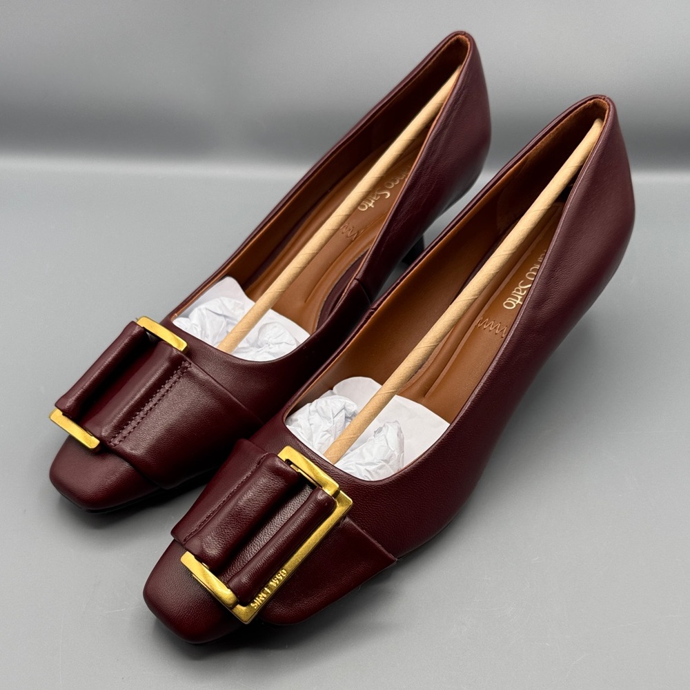 Franco Sarto Burgundy Leather Buckle Pumps